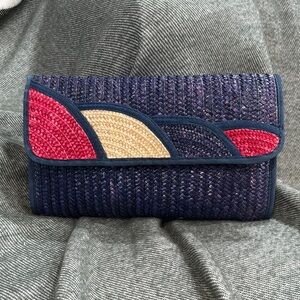 🎉 Elegant Straw Navy and Red Clutch With Strap
